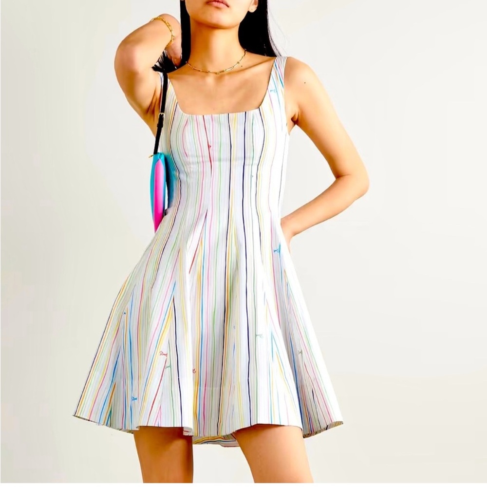 STAUD White Mini Dress with Multicolor Pinstripes